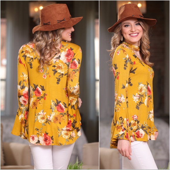 ✨LAST✨Mustard floral bell sleeve choker neck tunic - Picture 3 of 6